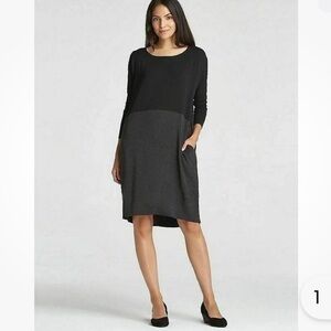 Eileen Fisher Dress Black Charcoal Colorblock Pockets Silk Lagenlook